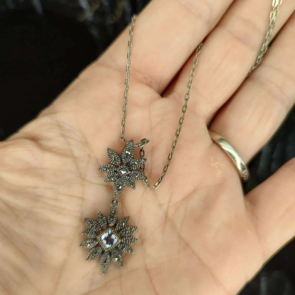 Judith Jack Necklace 925 Sterling Silver Double Daisy Drop Marcasite